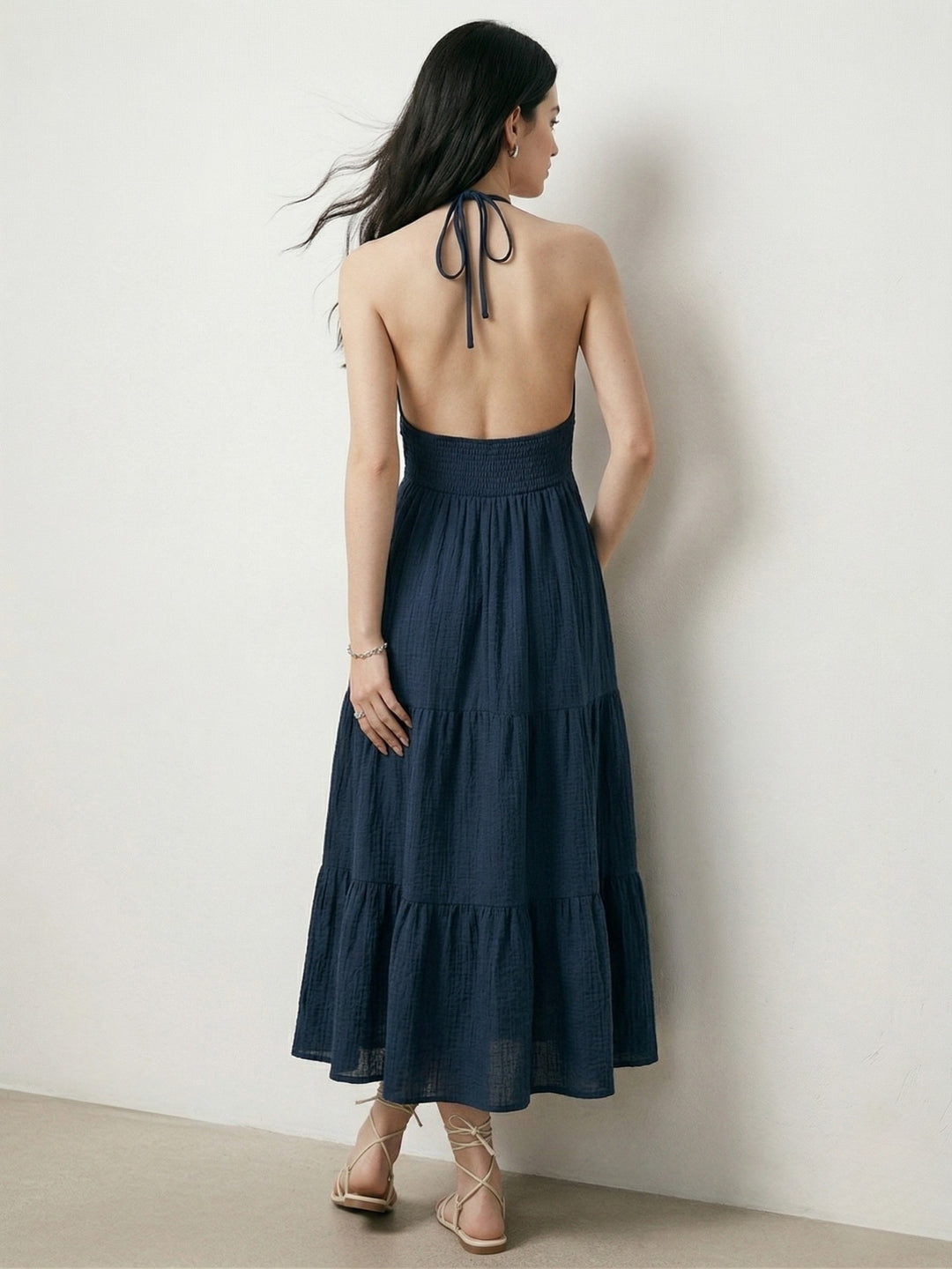 Teal Halter Neck Beaded Tiered Dress
