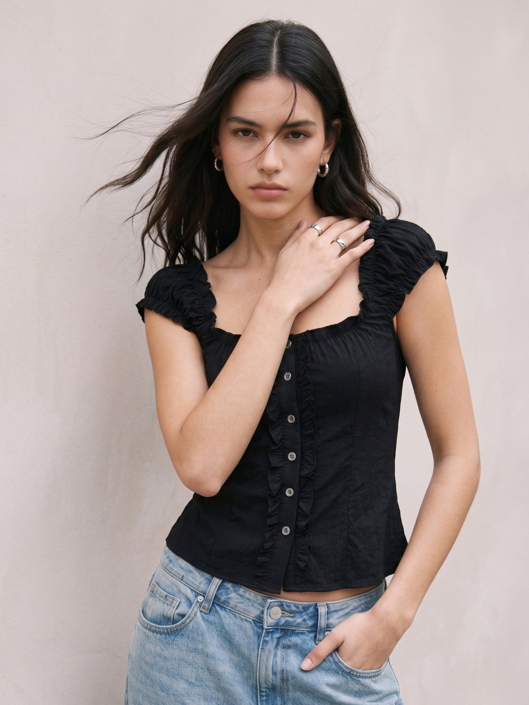 Black Button Down Frilled Detailed Blouse