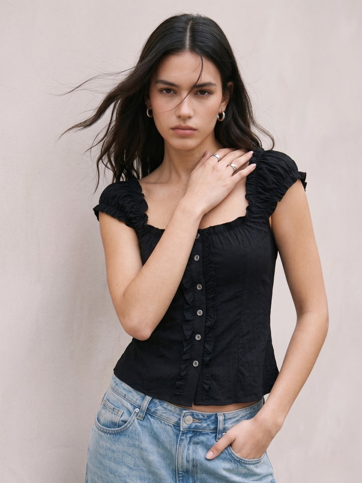 Black Button Down Frilled Detailed Blouse