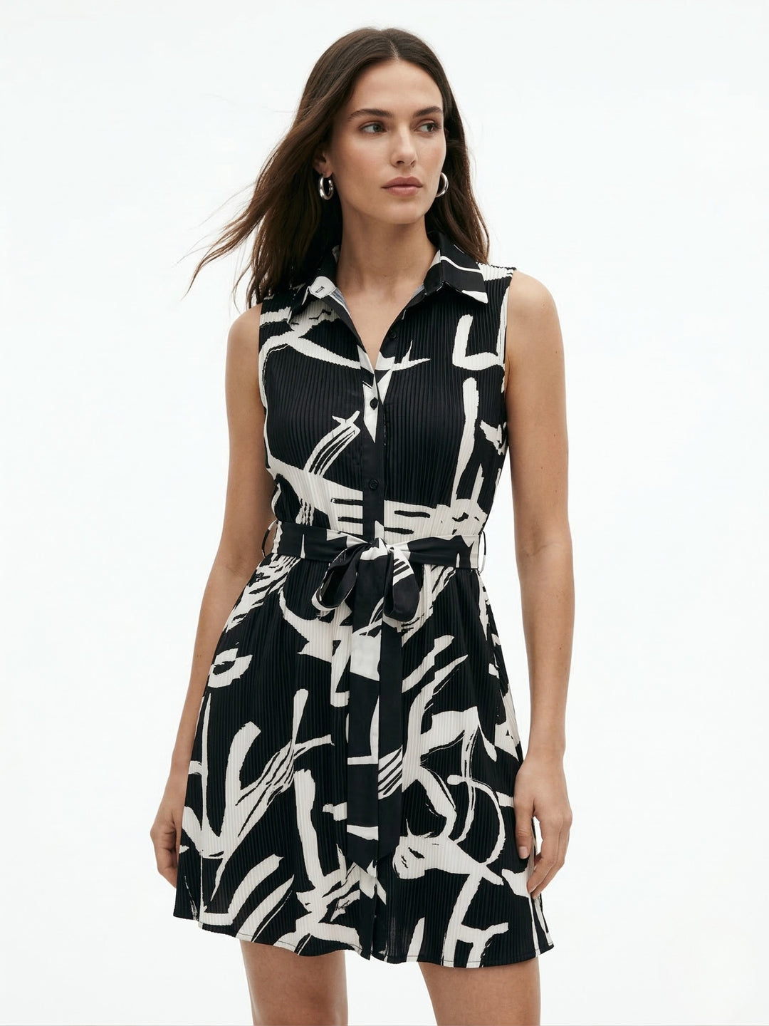 Black Sleeveless Collared Printed Dress