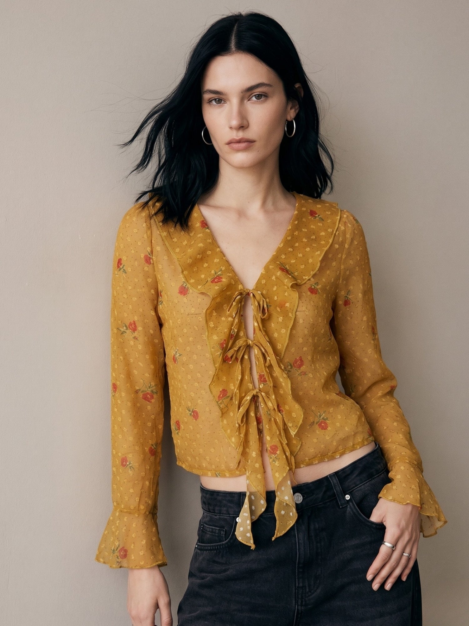 Mustard All Over Printed Front Open Styled Top