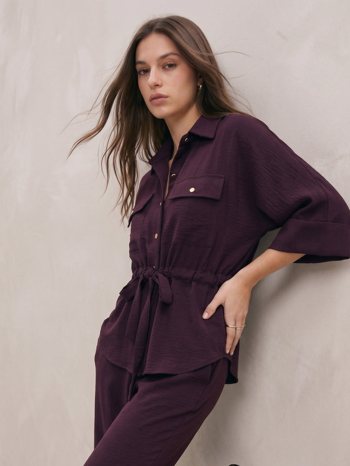 Maroon Coord Set With Oversized Utility Shirt With Wide Leg Touser In Elevated Textured Fabric