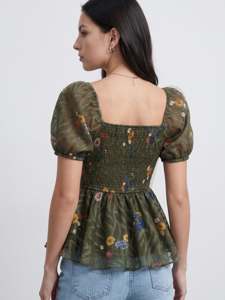 Olive Puff Sleeve Flared Top