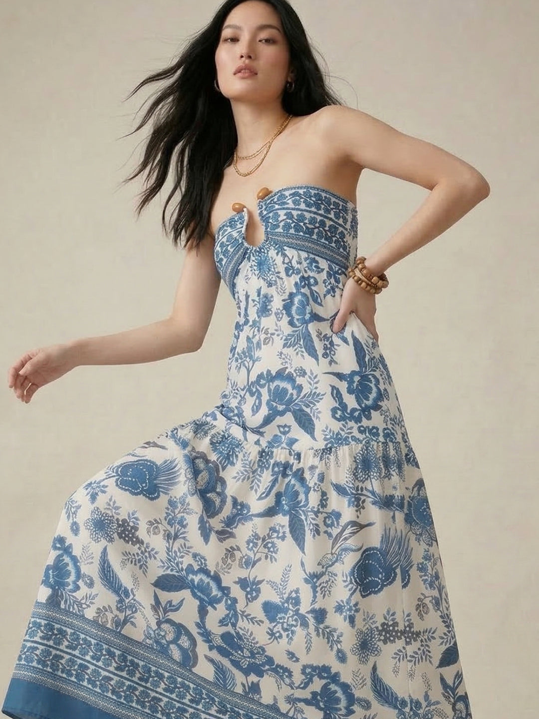 Blue Tube Metal Trim Printed Dress