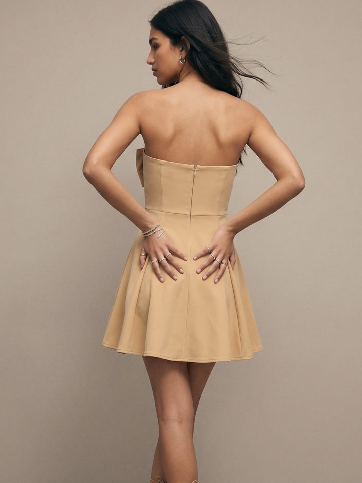 Beige  Front Bow Fit And Flare Dress