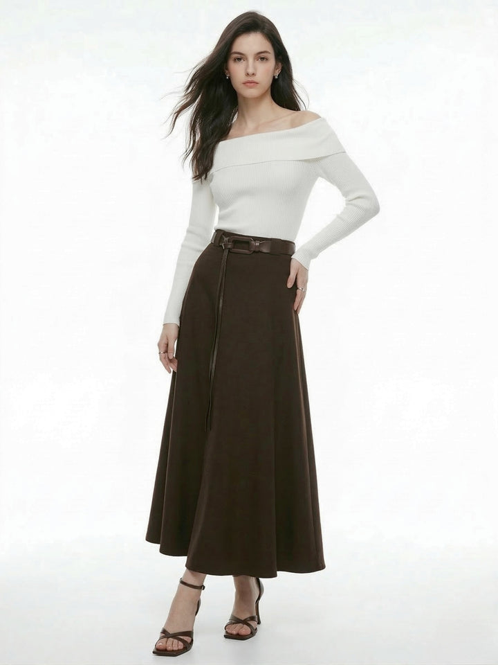 Brown Flouncy Solid Skirt With Belt Detail