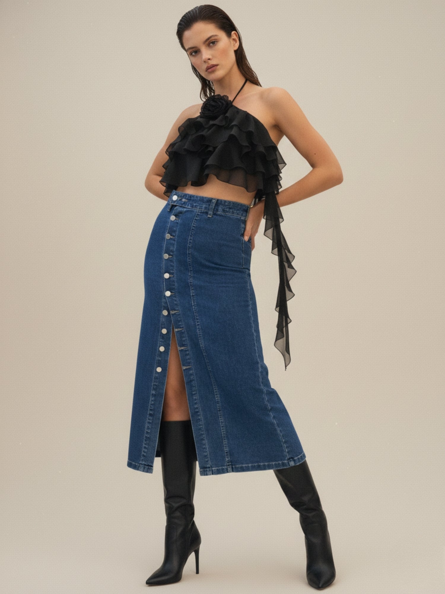 Blue High Waist Front Button Slit Skirt