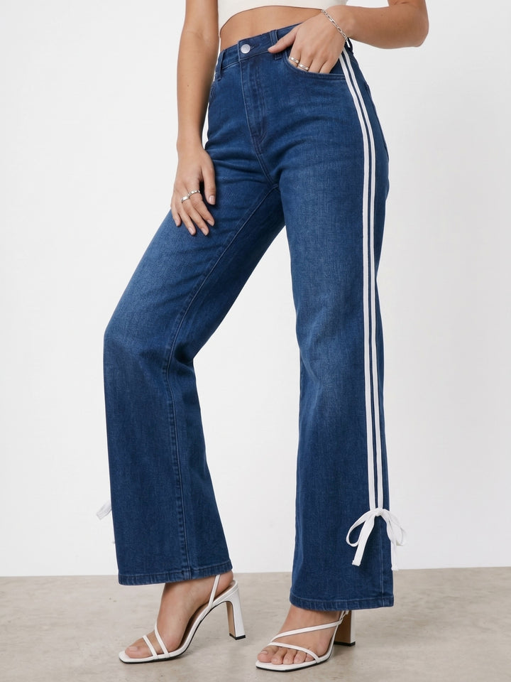 Navy Blue Contrast Detail Wide Leg Jeans