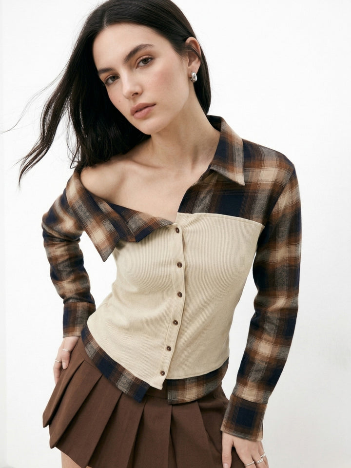 Beige Ribbed Tube Top With Checkered Off-Shoulder Style