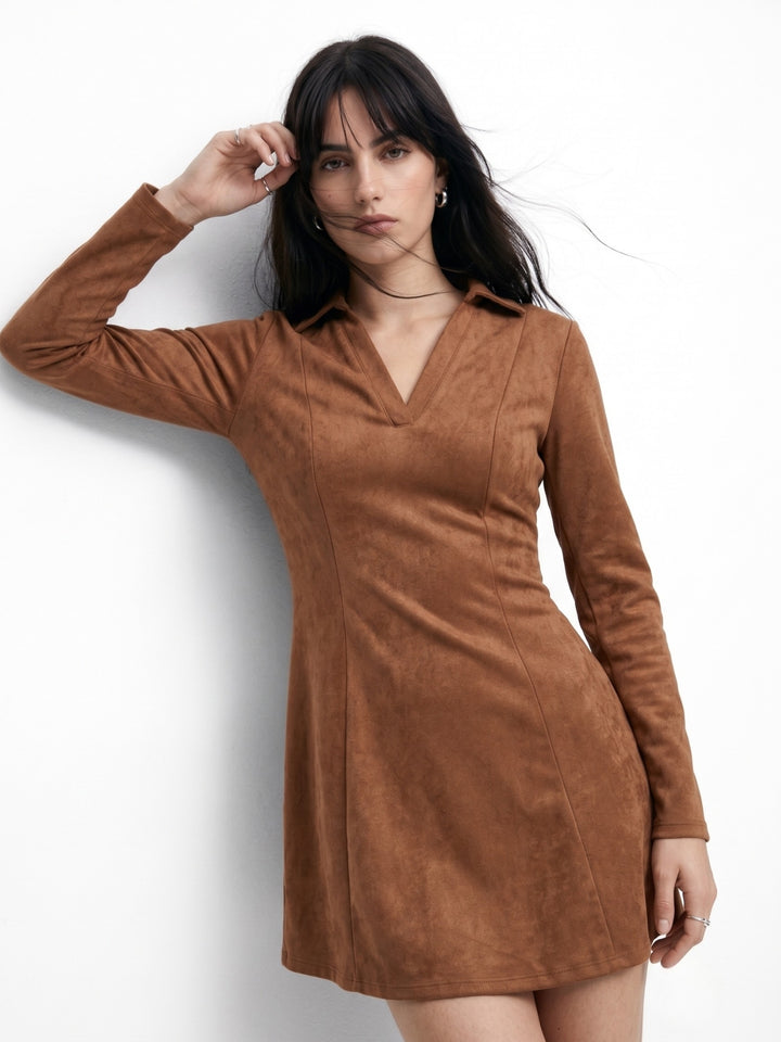 Brown V Neck Collared Polo Skater Dress