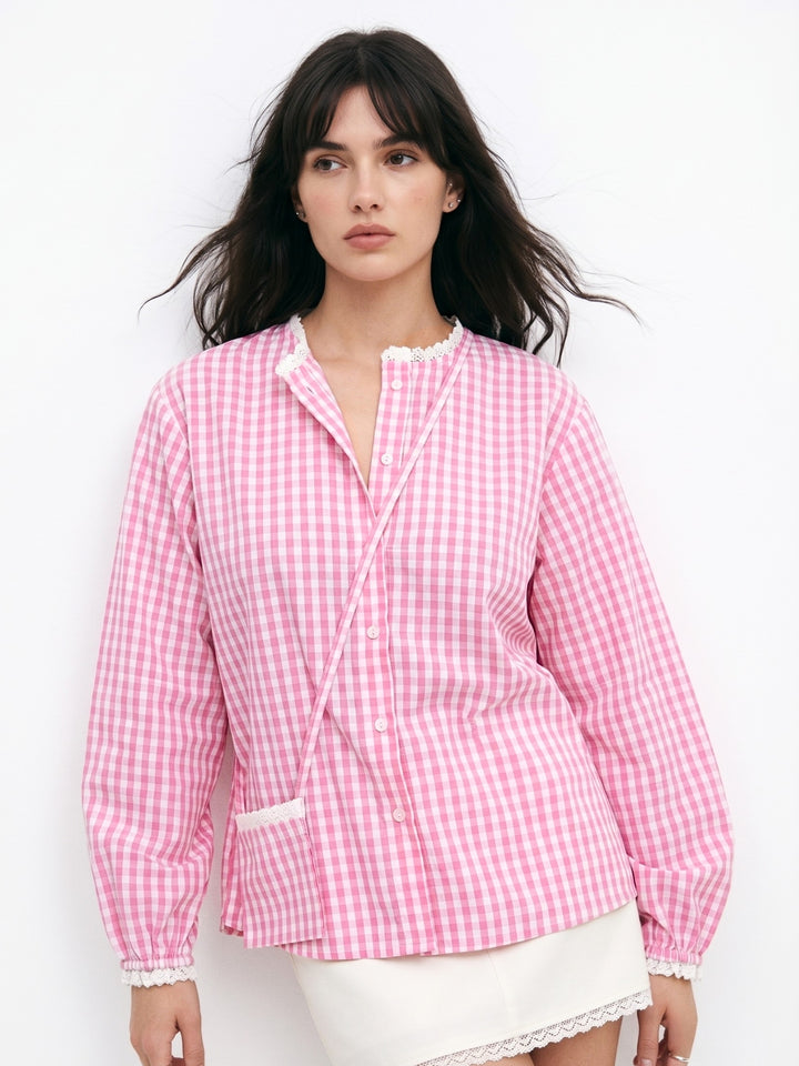 Pink Relaxed Fit Lace Detailed Ghingham Check Cotton Blouse With Self Fabric Bag