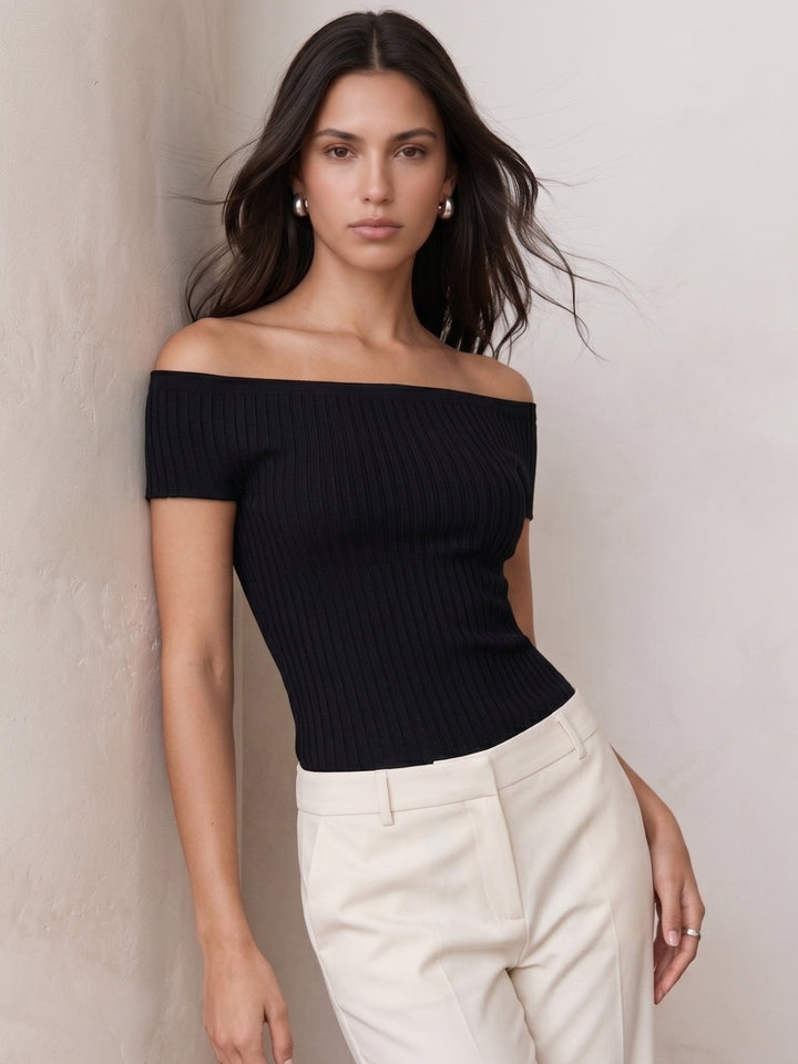 Black Off-Shoulder Fitted Rib Textured Top