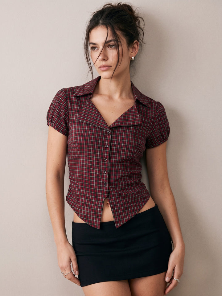 Wine Checkered Fitted Button Down Shirt With Back Belt Detail