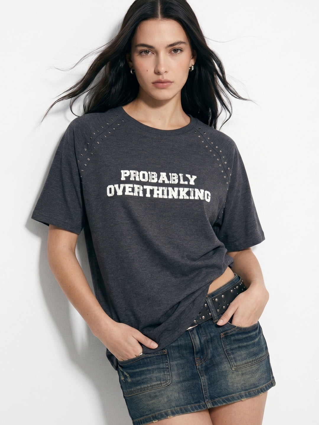 Charcoal Studded Raglan Sleeved Varsity Graphic T-Shirt