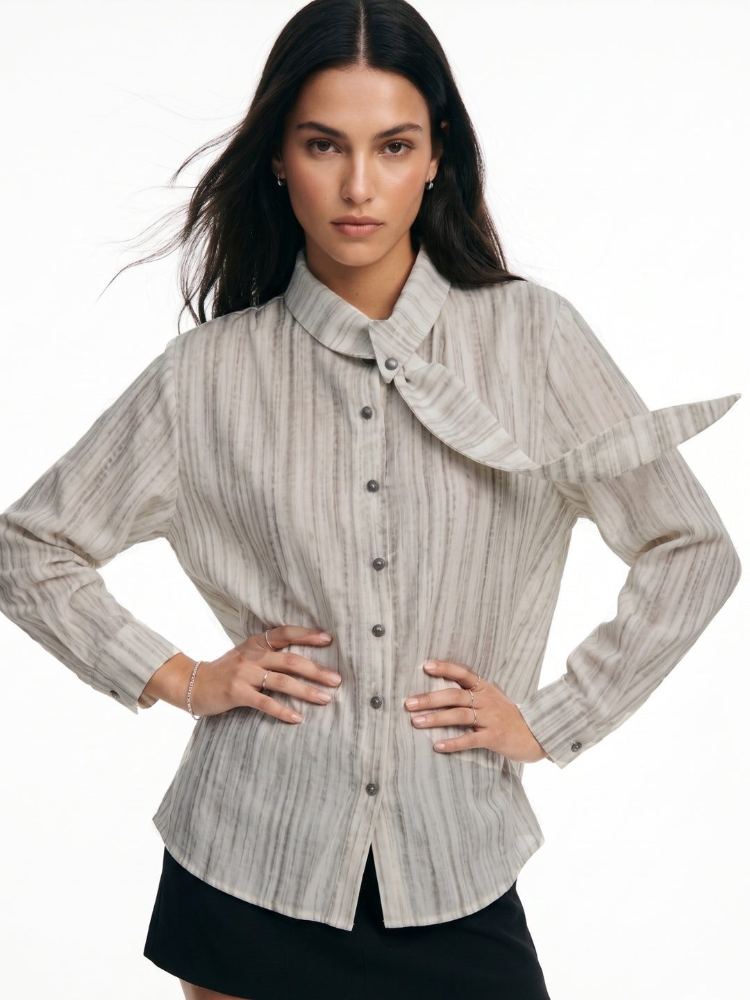 White Neck Scarf Detail Front Buttoned Shirt