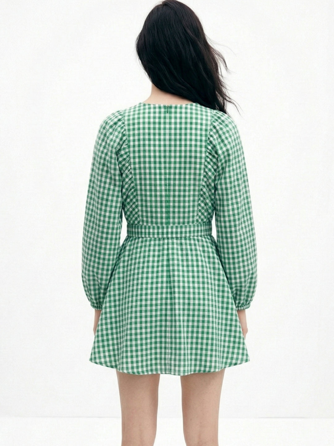 Green Plunge Neck Checkered Mini Dress