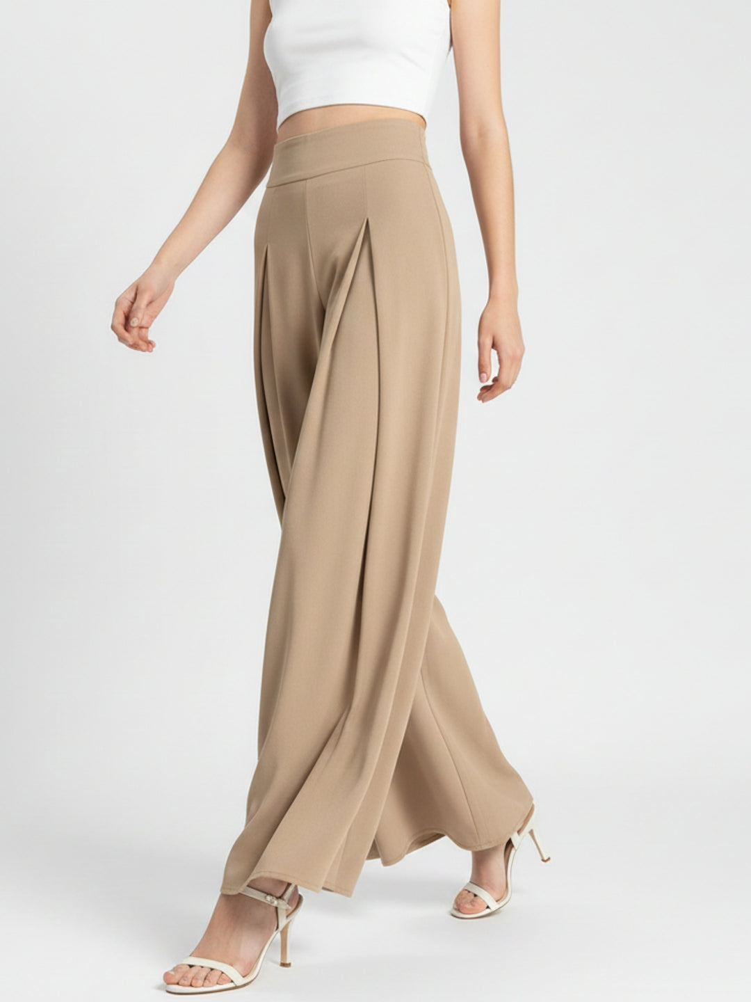 Beige High Waist Pleated Flared Trouser