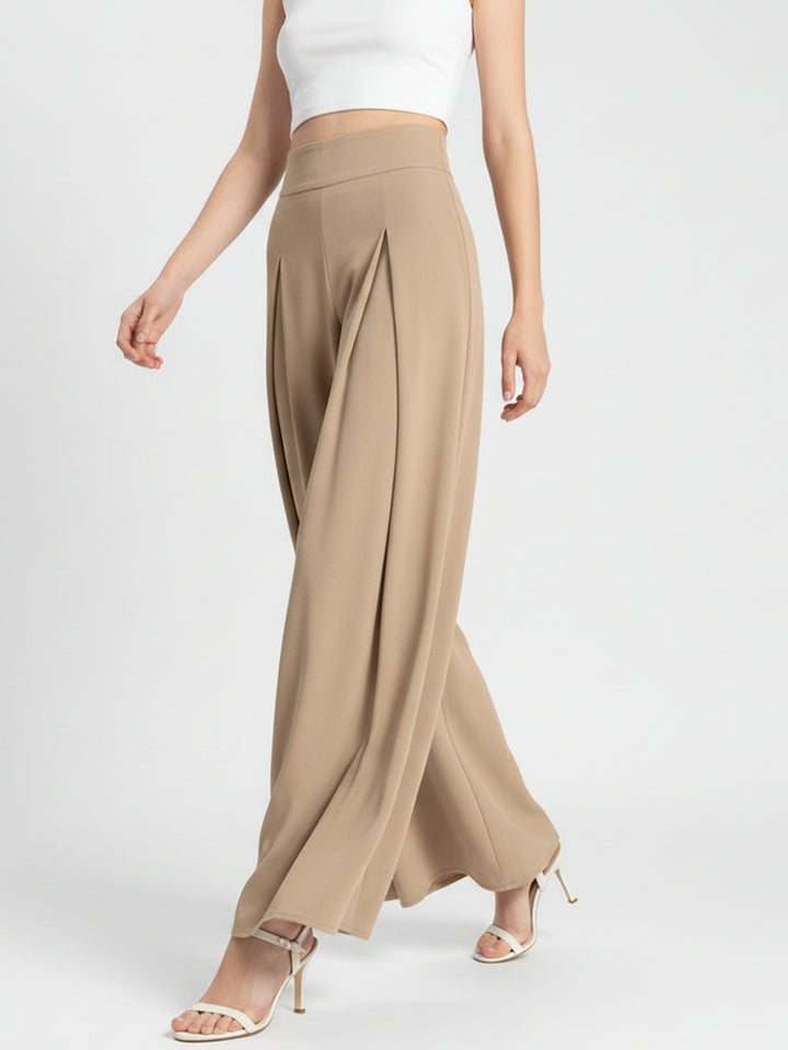 Beige High Waist Pleated Flared Trouser