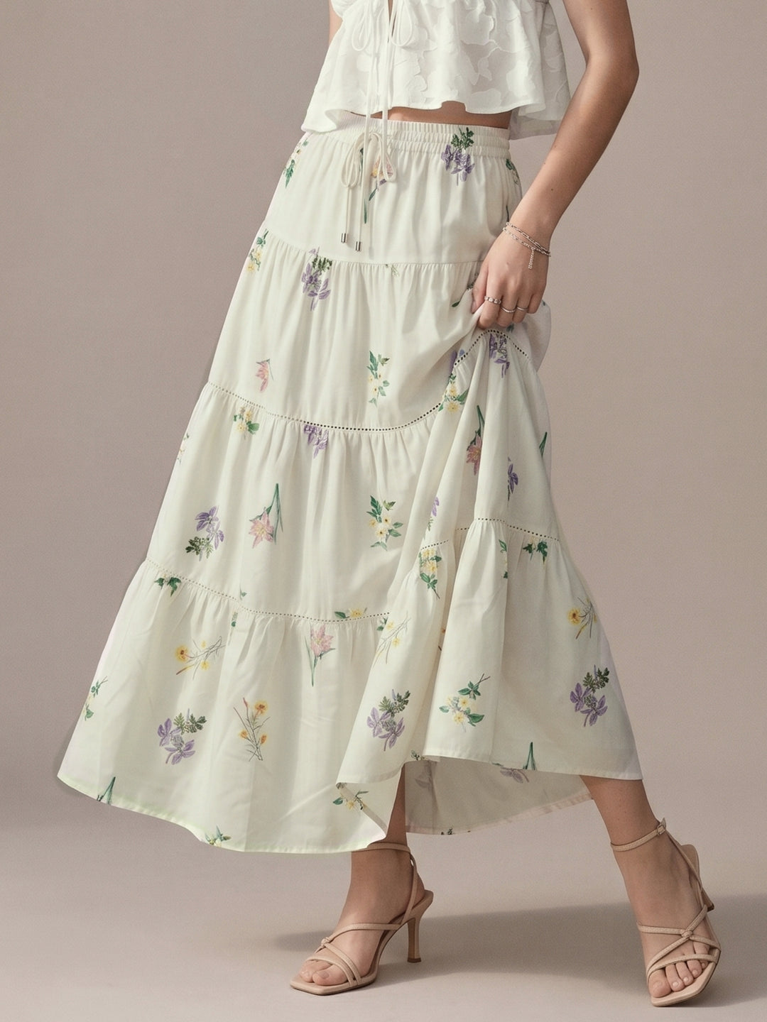 White Floral Print Tired Cotton Skirt With Lace Detail
