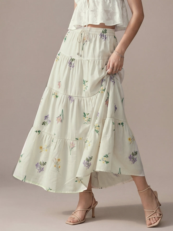 White Floral Print Tired Cotton Skirt With Lace Detail