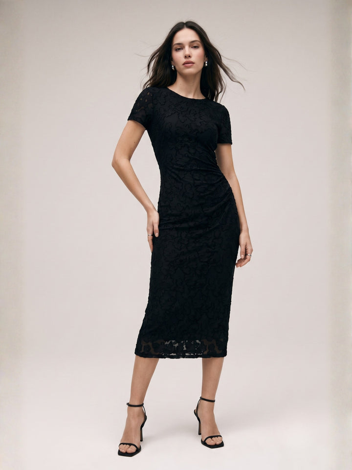 Black Textured Floral Designed Fitted Dress