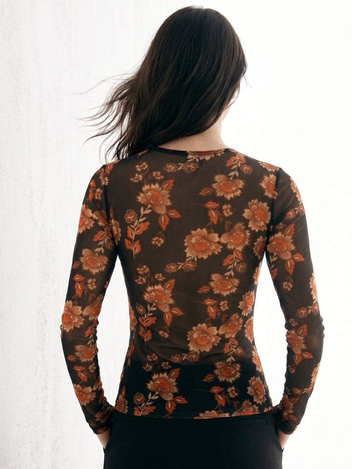 Multi Front Buttoned Floral Printed Mesh Top