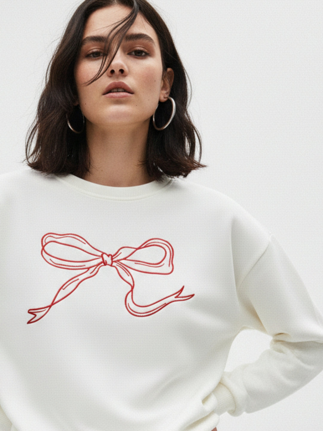 Cream Bow Printed Sweatshirt