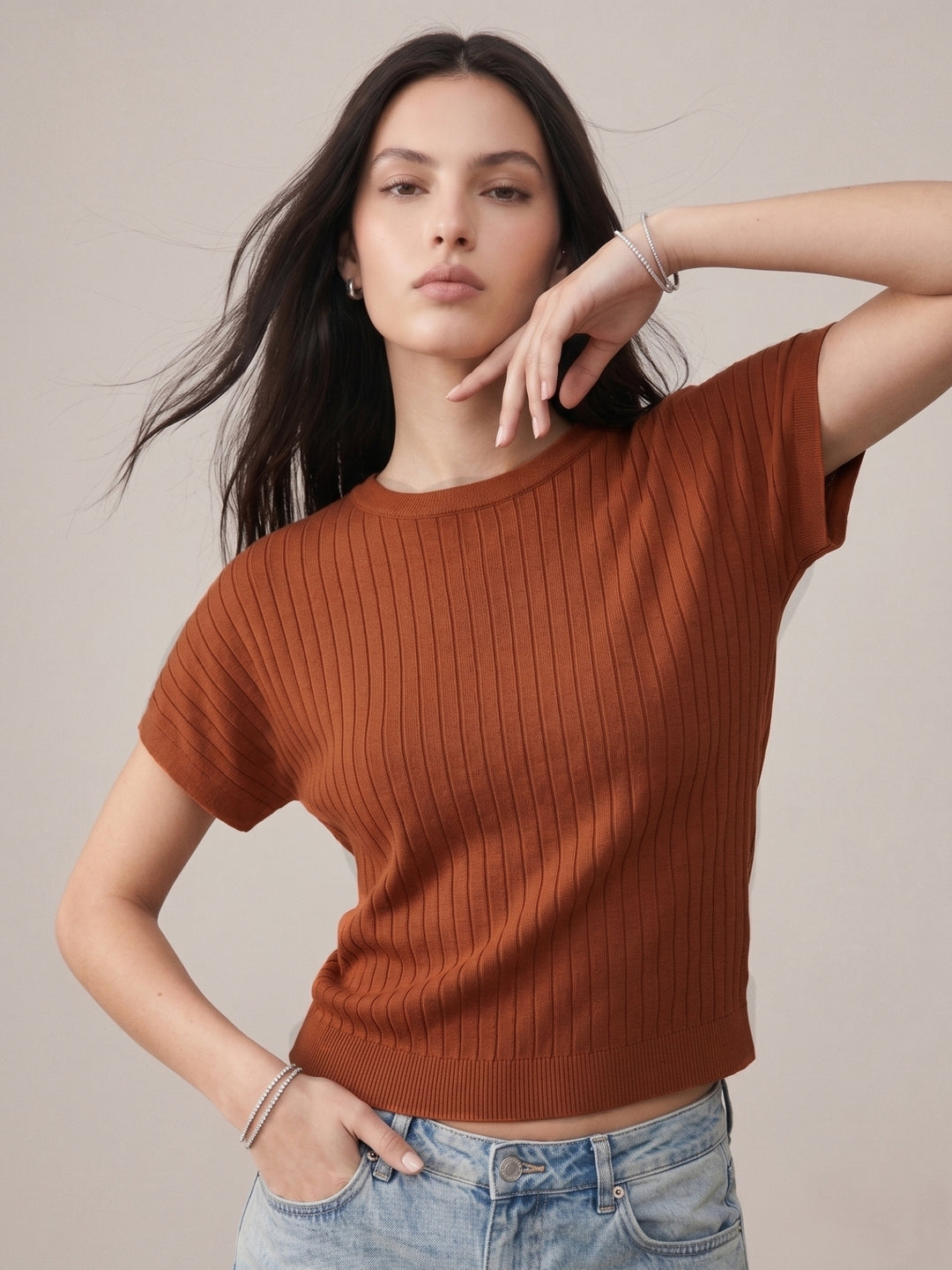 Brown Short Sleeve Crew Neck Top