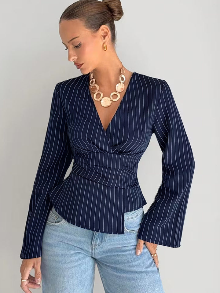 Blue Waist Detail  V-Neck Striped Top