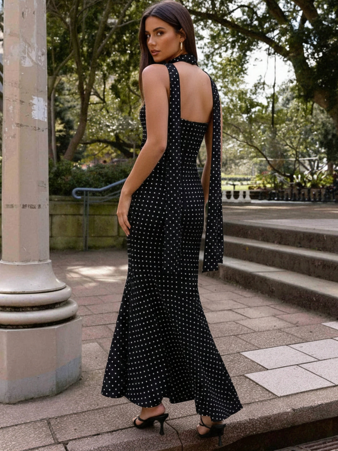Black Tube Polka Dress With Scarf
