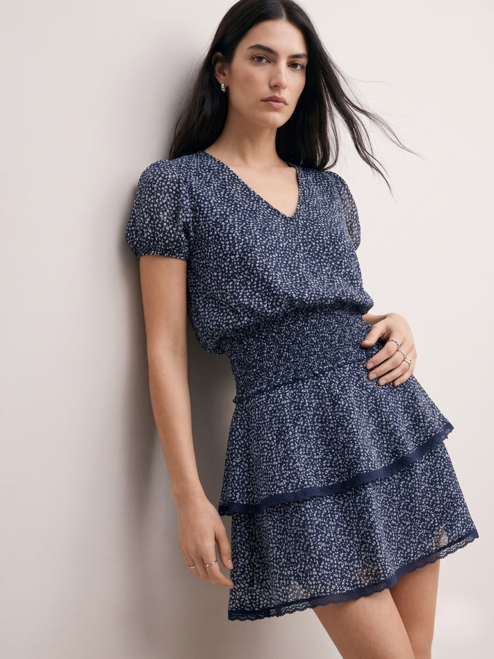 Multi Floral V-Neck Crop Top And Tiered Ruffle Mini Set