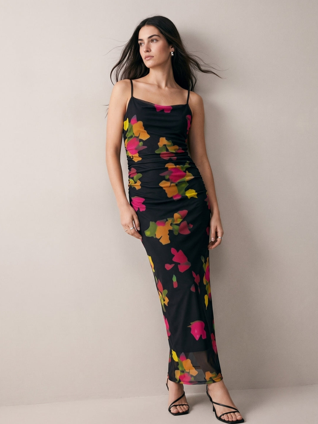 Black Cowl Neck Printed Strappy Dress