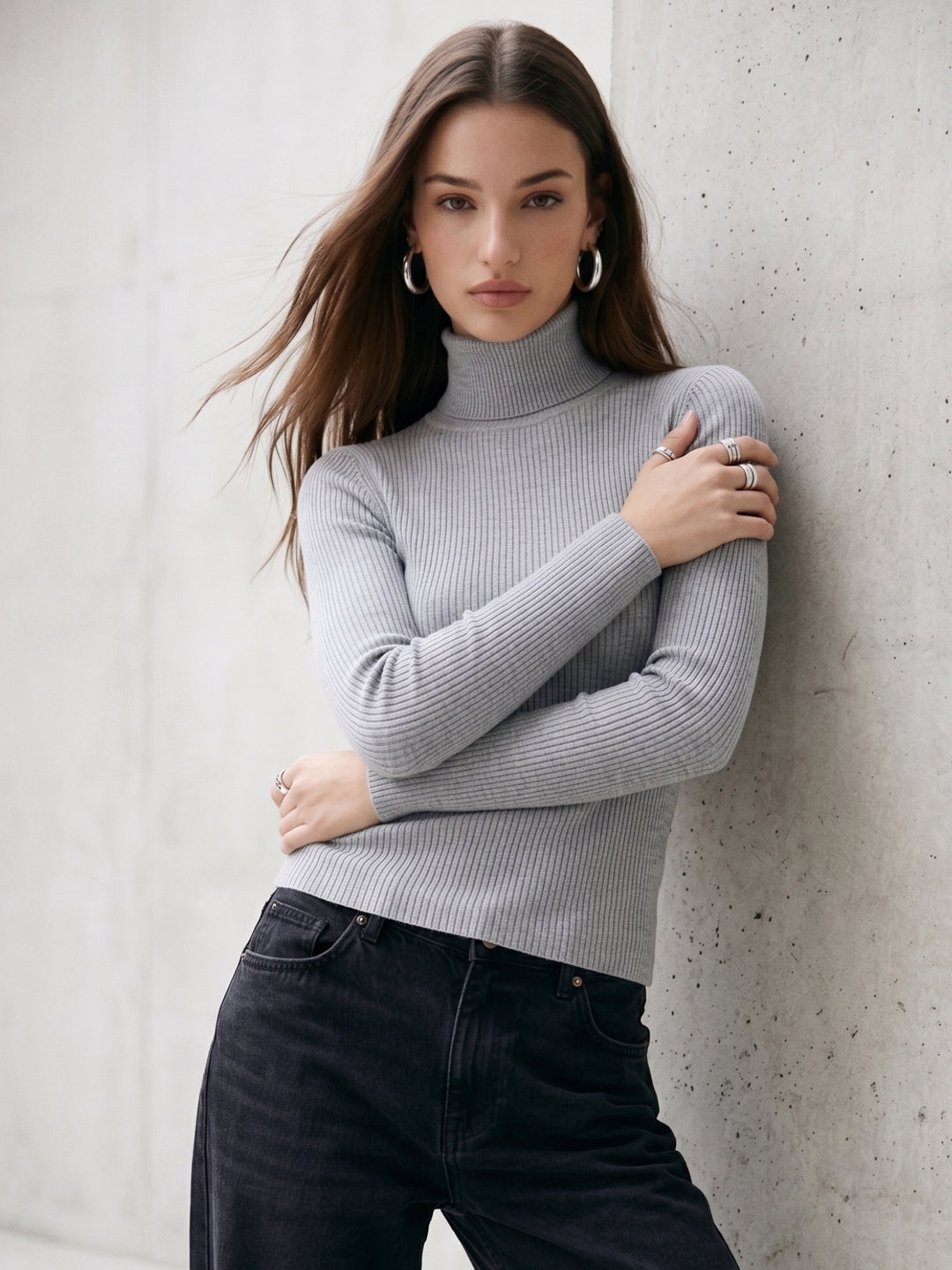 Grey High Neck Flat Knit Top