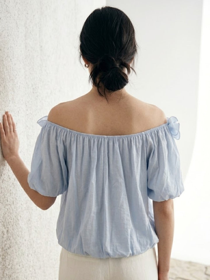 Blue Ruffle Neck Puff Sleeve Top