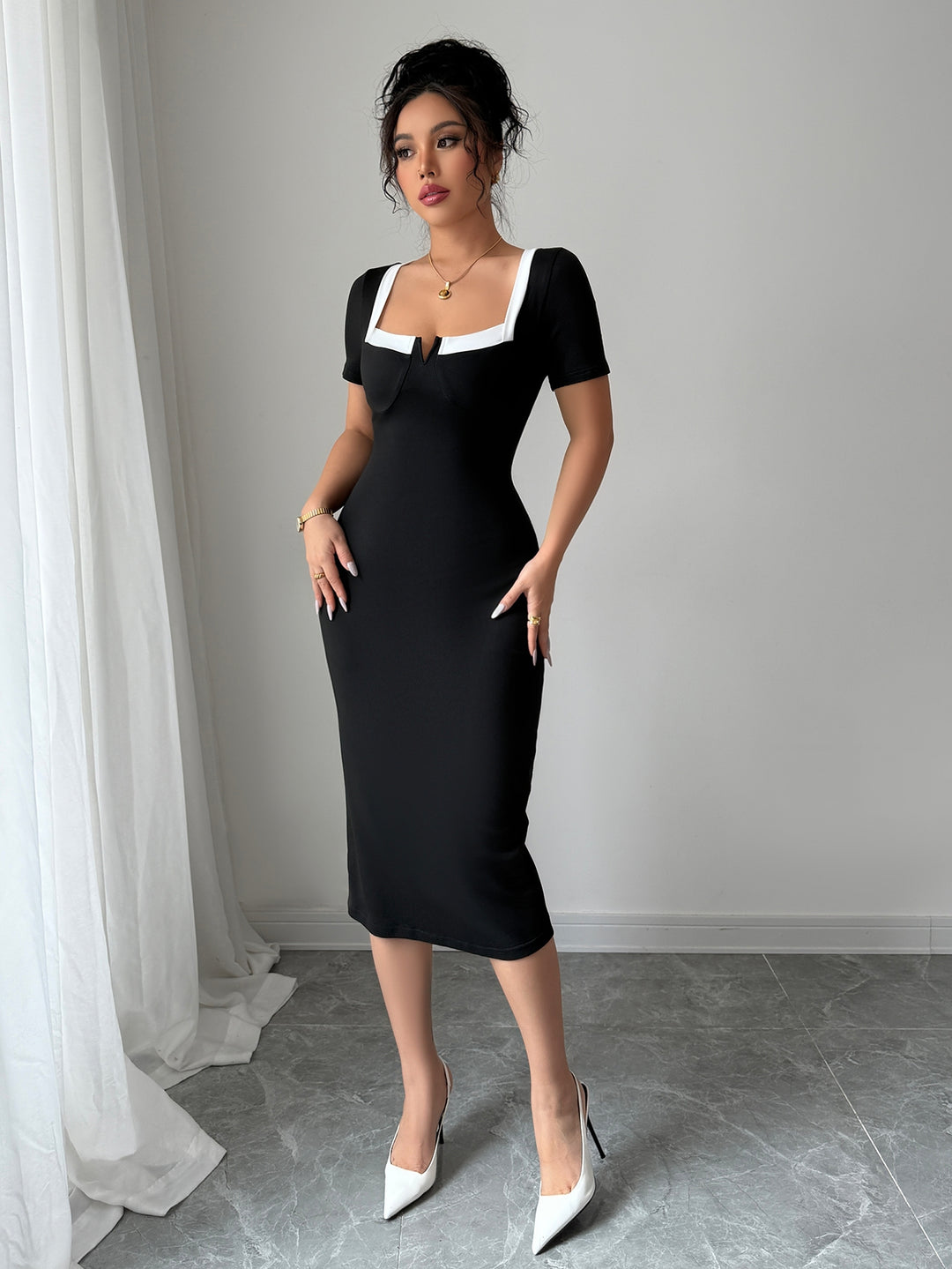 Black Fitted Contrast Neck Dress
