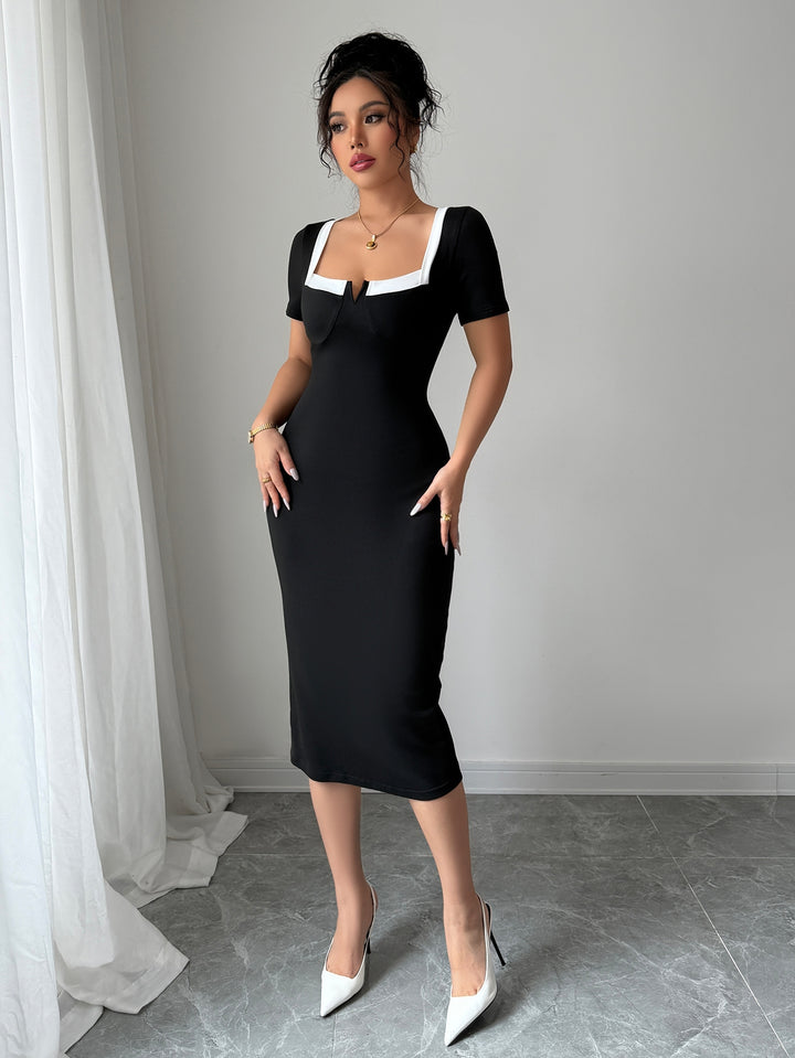 Black Fitted Contrast Neck Dress