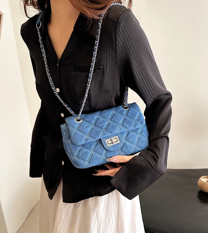 Blue Quilted Denim Chain Flap Bag