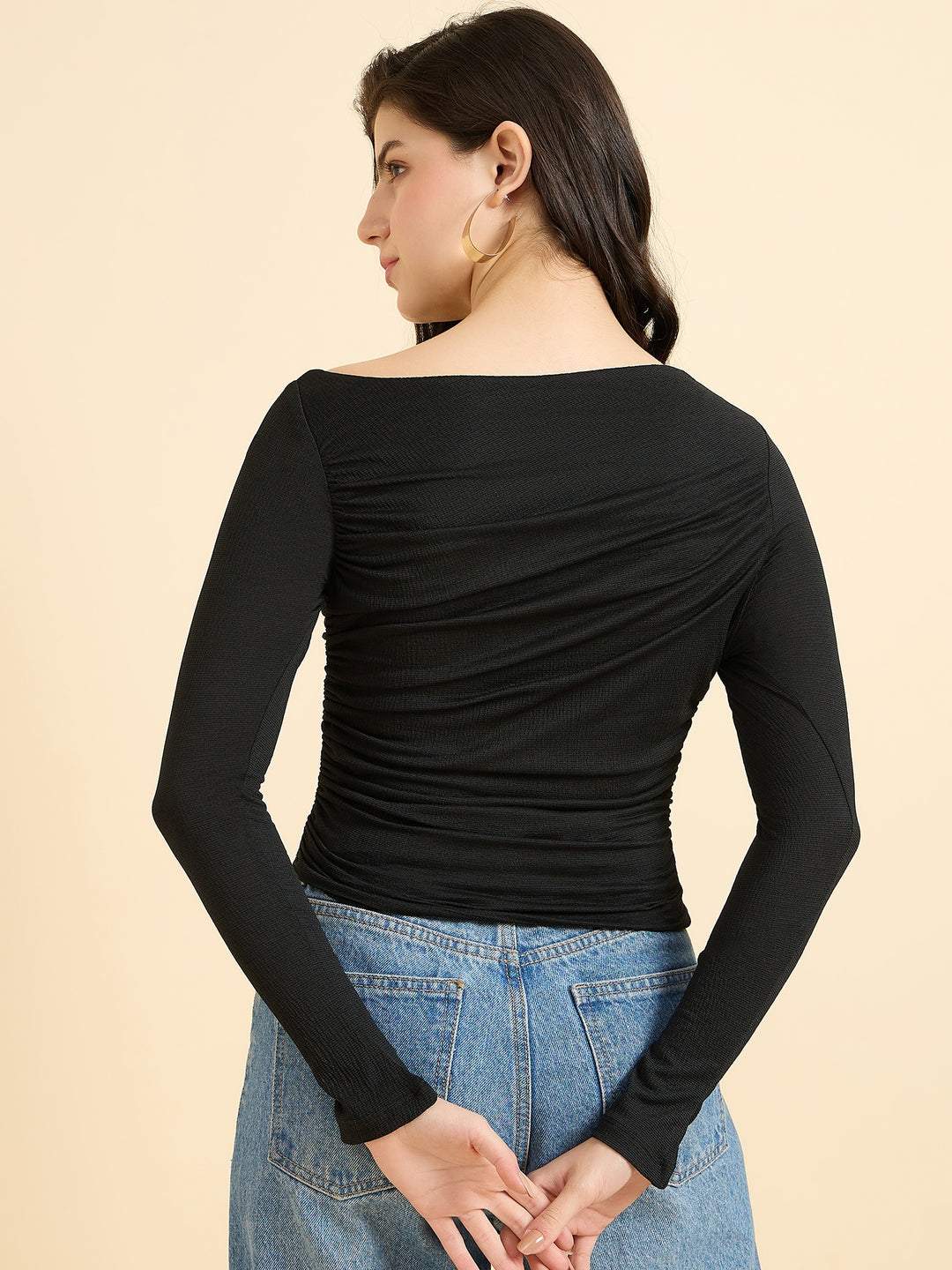 Black Solid Full Sleeves Knit Top