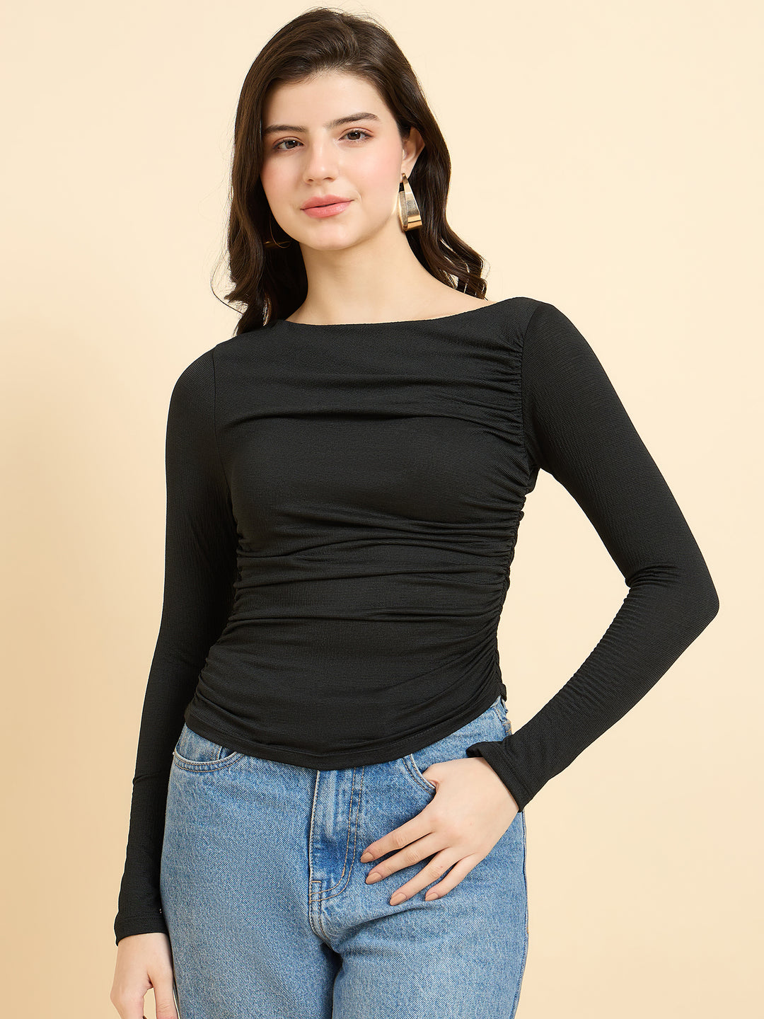 Black Solid Full Sleeves Knit Top