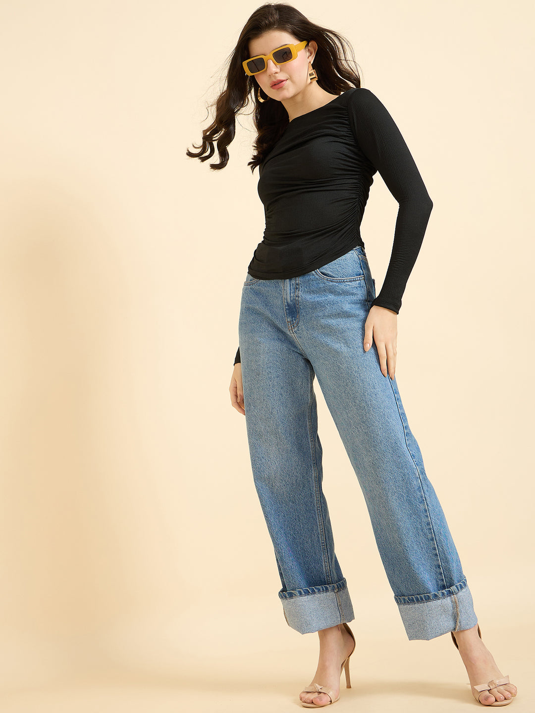 Black Solid Full Sleeves Knit Top