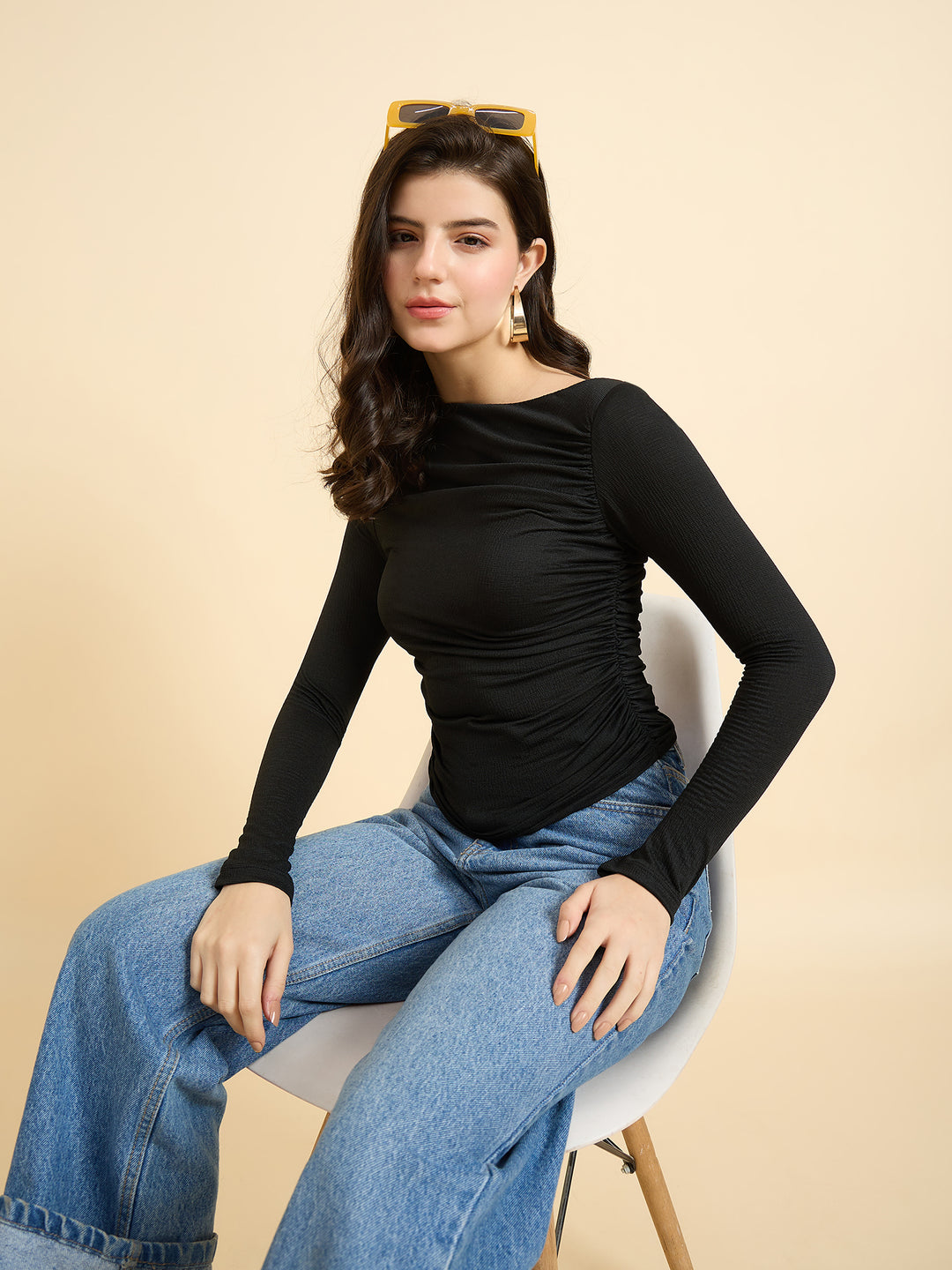 Black Solid Full Sleeves Knit Top