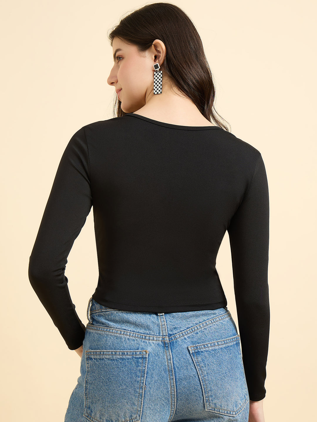 Black Solid Square Neck Top