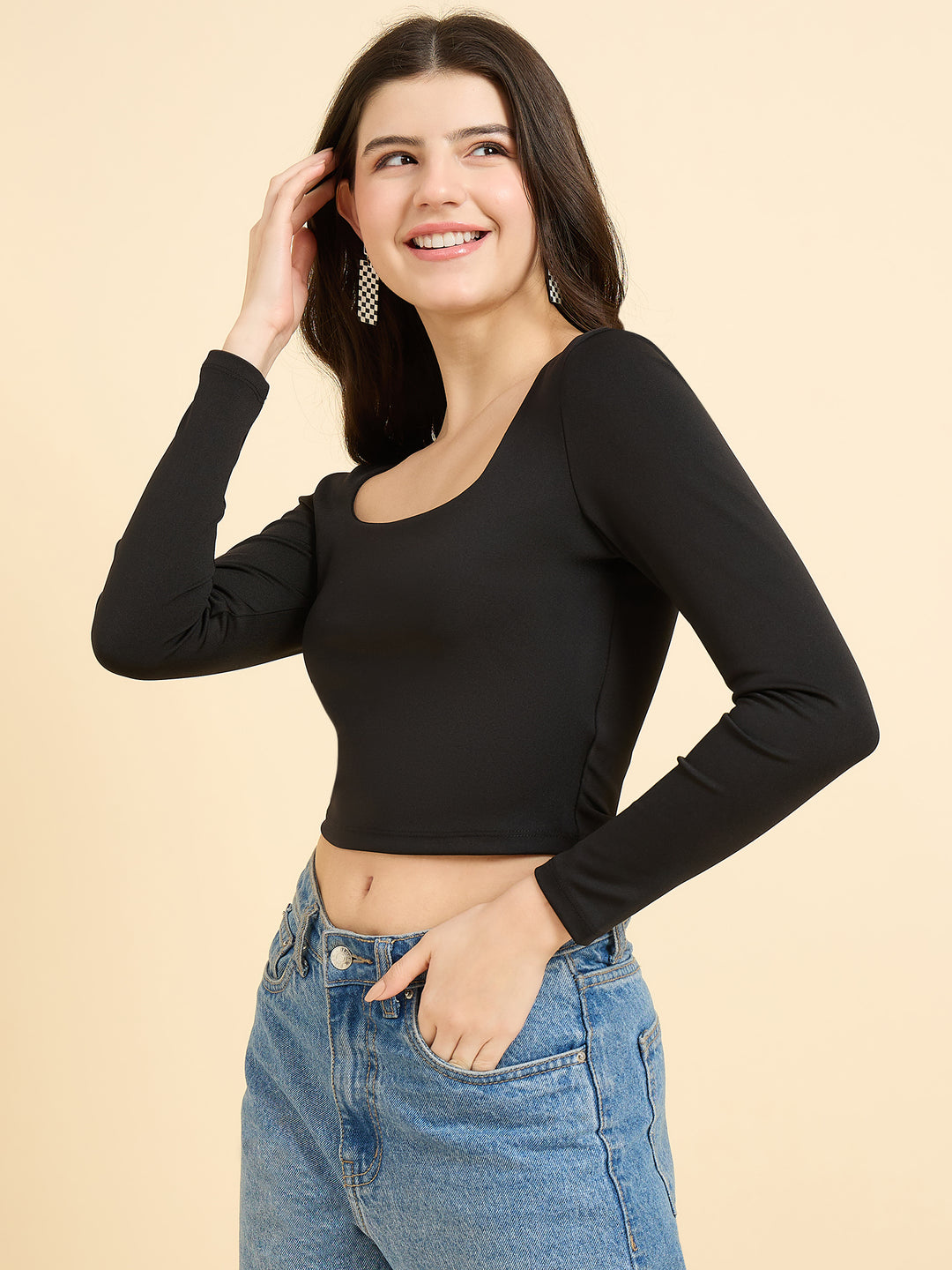 Black Solid Square Neck Top