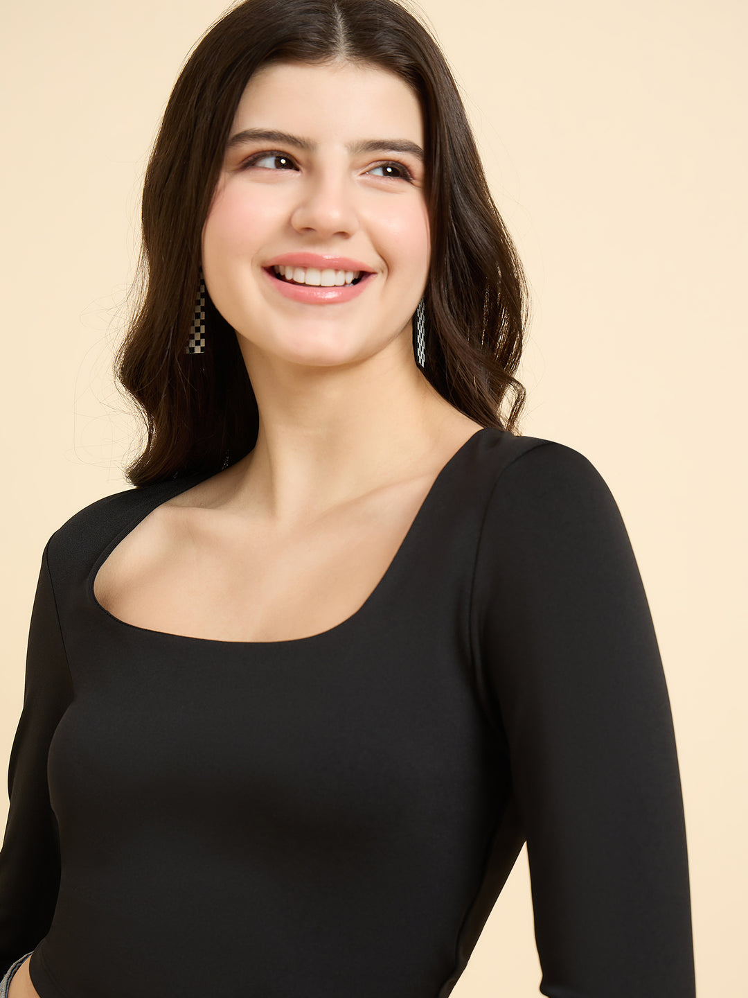 Black Solid Square Neck Top