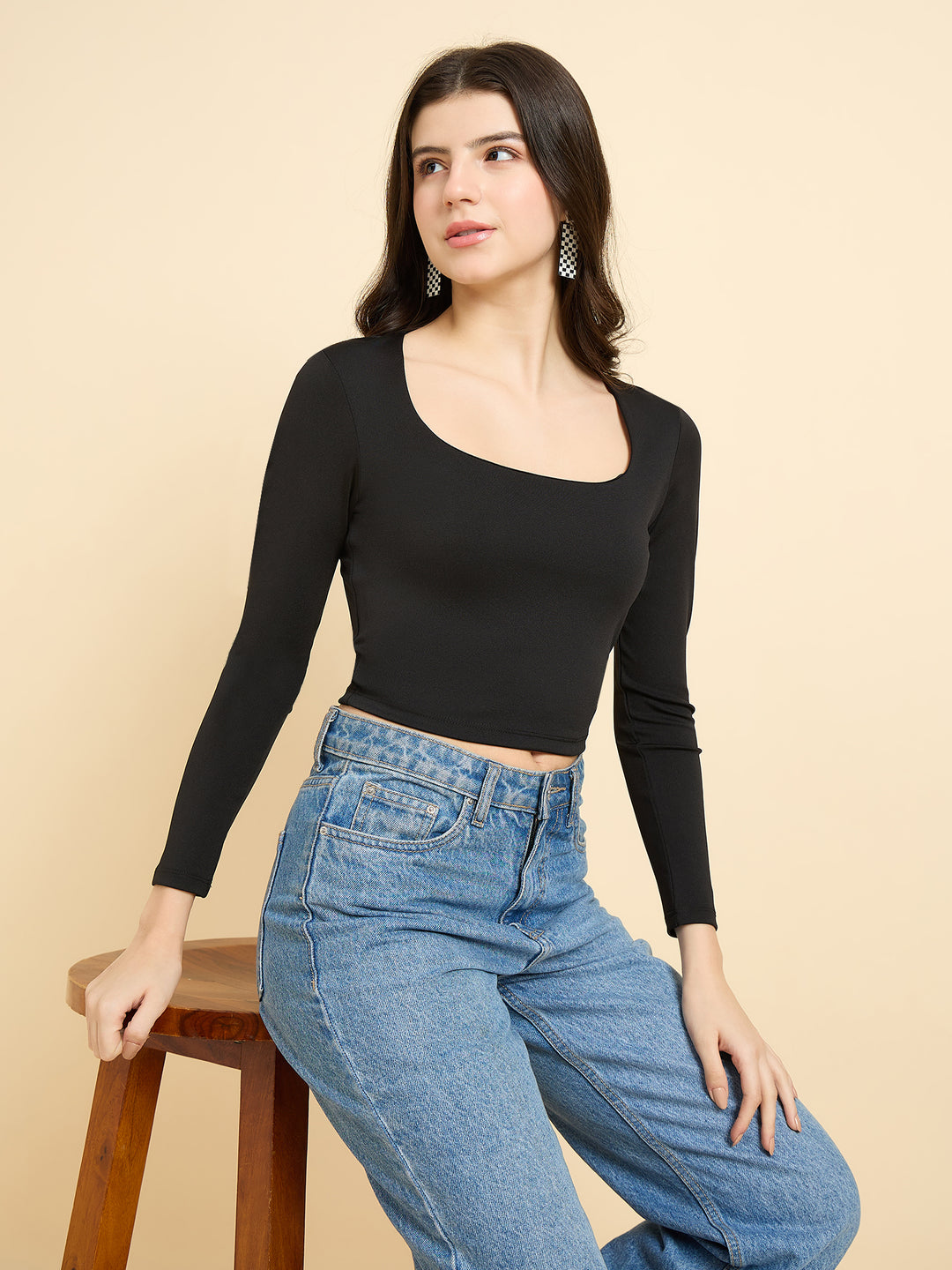 Black Solid Square Neck Top