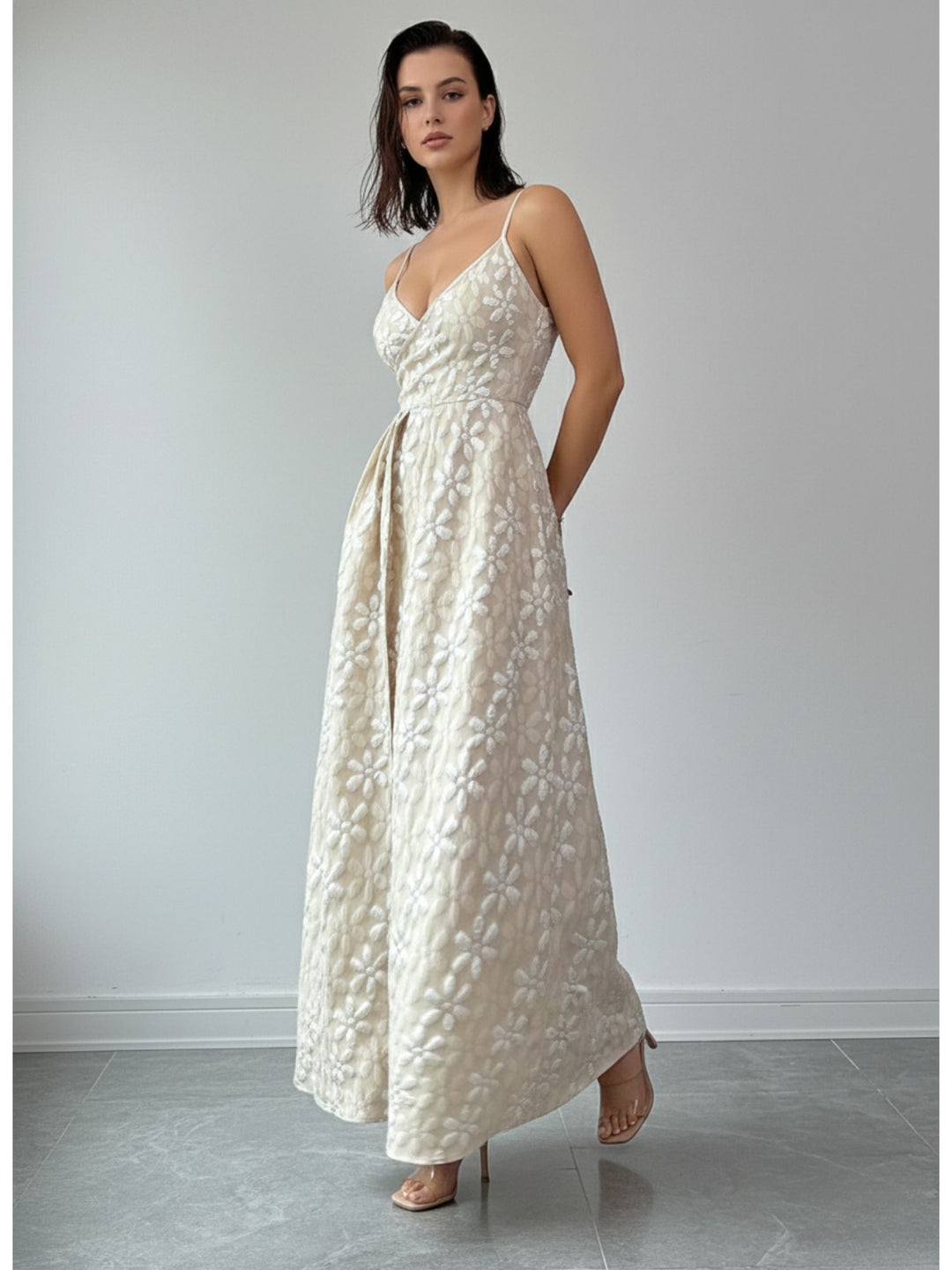 Off White Spaghetti Strap Textured Dress