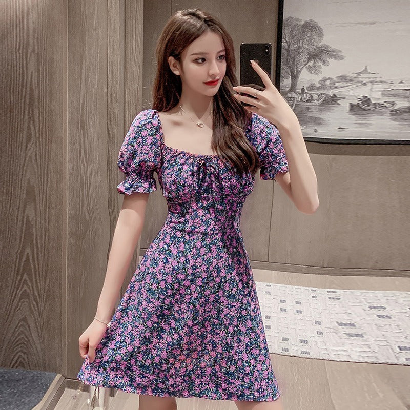 Purple Puff Sleeves Fit And Flare Dress