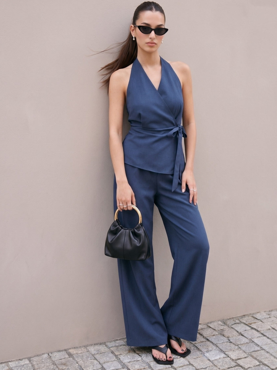 Navy Blue Halter Wrap Neck Top And Pants Co-Ord Set
