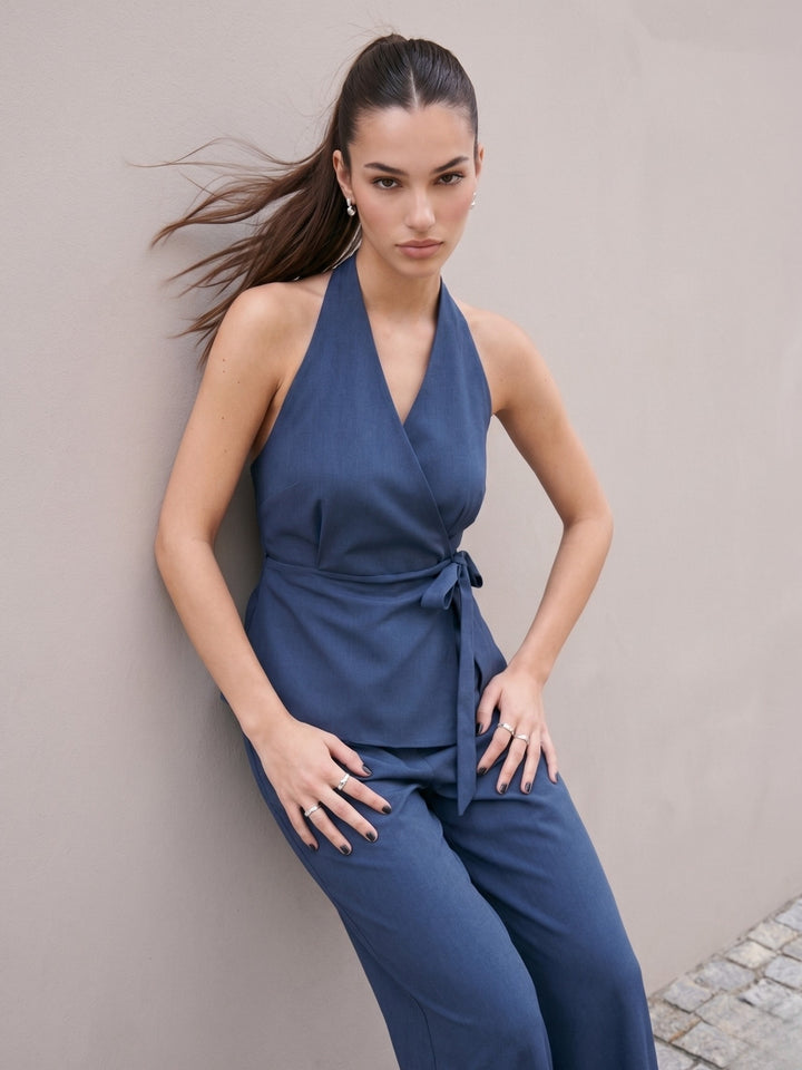 Navy Blue Halter Wrap Neck Top And Pants Co-Ord Set