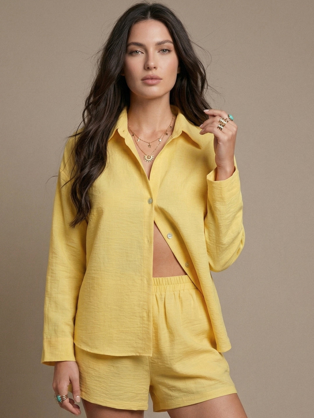 Yellow Full Sleeve Collared Shirt And Shorts Set